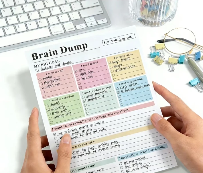 Brain Dump paper planner on a desk with checklists, glasses and stationery