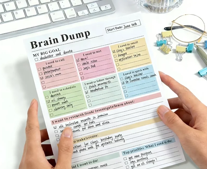 Brain Dump notebook held in a bright workspace